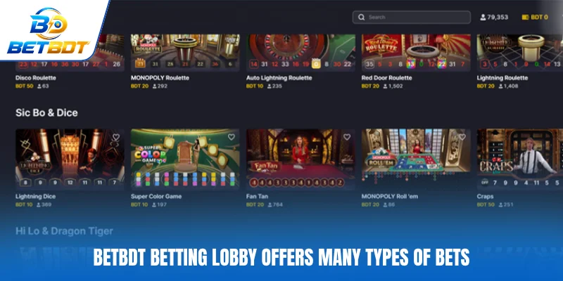 BETBDT betting lobby offers many types of bets